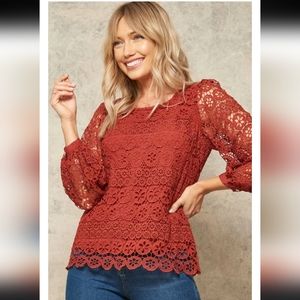 Promesa~Rust Floral Crochet Lace Semi Sheer Blouse NWOT